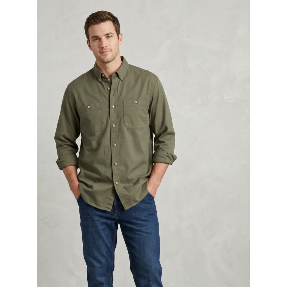 Duluth Trading Co Olive Green Relaxed Fit Utility Workwear Button Down Shirt L